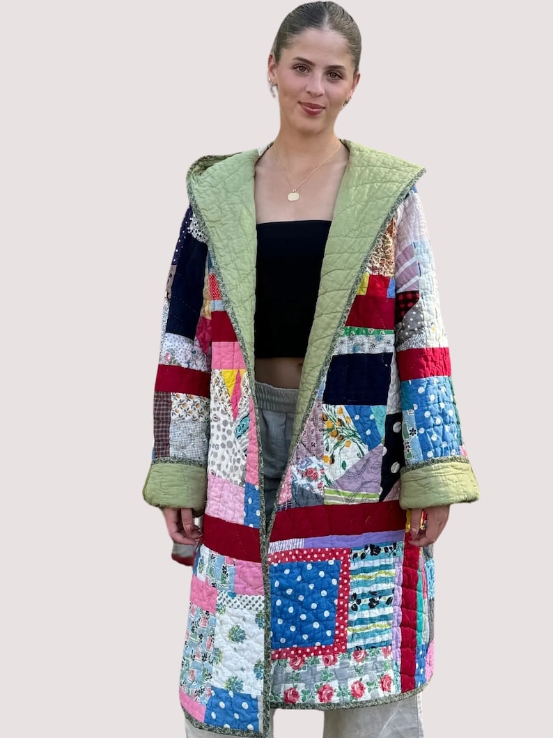 Quilted Hooded Long Coat Made from a Vintage Crazy Quilt Within Blocks Patchwork Pattern Hand Stitched Quilt image 4