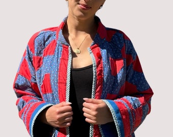 Bomber Jacket Made from a Vintage “Bow Tie” Pattern Hand Stitched Patchwork Quilt