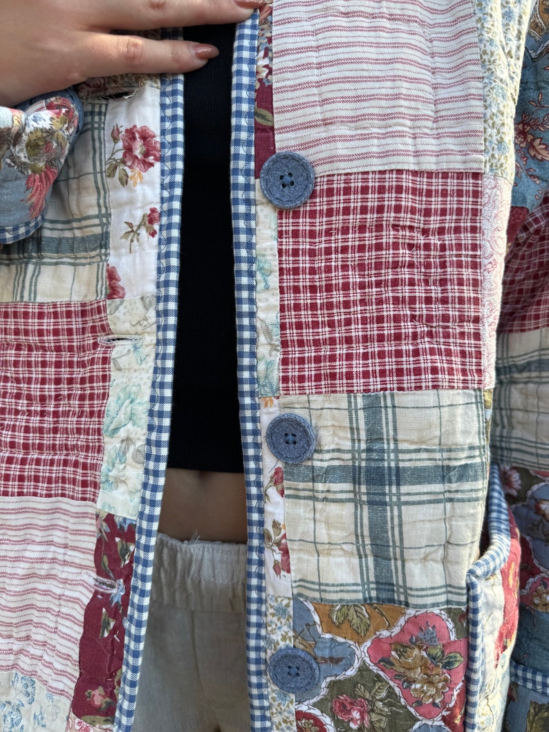 Reversible Button Up Chore Coat with Collar Made from a Vintage Patchwork Quilt image 2