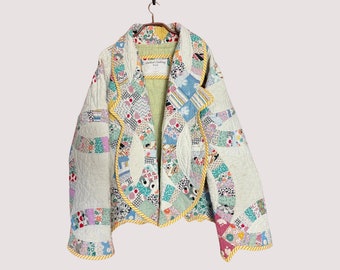 Quilted Coat Made from a Vintage “Double Wedding Ring” Pattern Hand Stitched Patchwork Quilt
