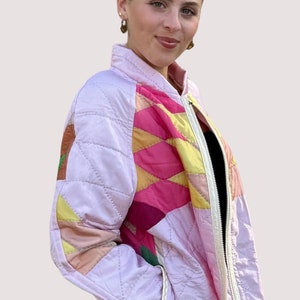 Quilted Bomber Style Jacket Made from a Vintage Satin Hand Stitched Quilt image 2