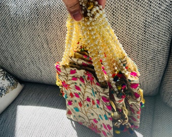 Single or Set | Indian Embroidered Potli Bag for Women | Silk Clutch with Pearl Handle | Purse for Wedding Favours | Gifts