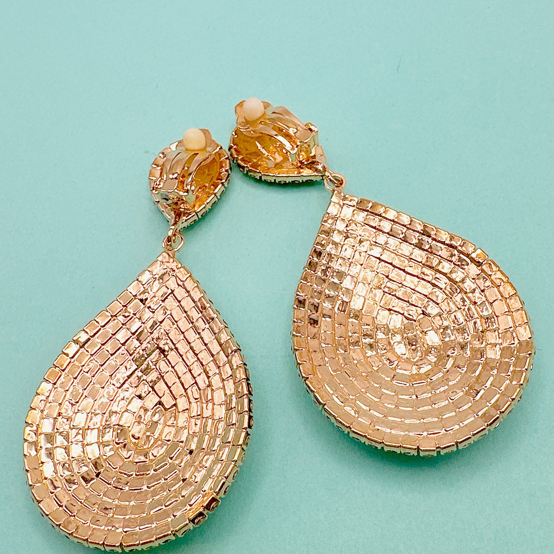 CLIP ON Large Pear Shaped Rhinestone Earrings for Wedding Gift for Her ...