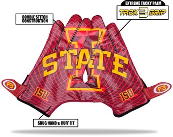 May include: Red and gold football gloves with the word "STATE" and "ISU" printed on them. The gloves have a grid pattern and the text "EXTREME TACKY PALM" and "TACK 3 GRIP" are visible. The gloves also feature "DOUBLE STITCH CONSTRUCTION" and "SNUG HAND & CUFF FIT".