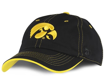 May include: Black baseball cap with a yellow embroidered logo of a hawk. The cap has a yellow brim and yellow stitching. The cap is made of a durable fabric and is a classic baseball cap style.