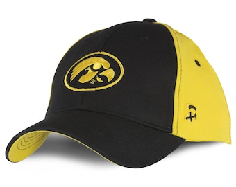 May include: Black and yellow baseball cap featuring the Iowa Hawkeyes logo. The cap has a curved brim and a structured fit. The team logo is embroidered in gold on the front. The side of the cap has a small embroidered design.