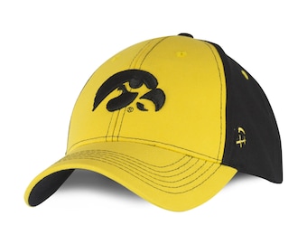 May include: A yellow and black baseball cap featuring the Iowa Hawkeyes logo. The cap has a curved brim and a six-panel design. The Hawkeyes logo is embroidered in black on the front. The side panel has a small embroidered logo.