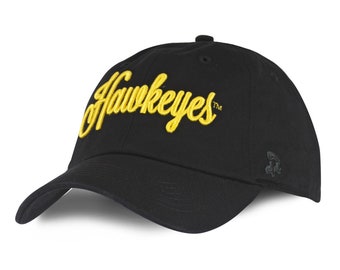 May include: Black baseball cap with a yellow embroidered "Hawkeyes" logo.