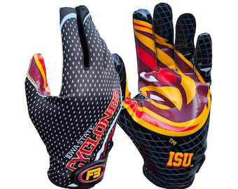 May include: Pair of black and white football gloves. One glove features white polka dots, the words "IOWA STATE CYCLONES", and the FB logo. The other glove has a gold and red design with the letters "ISU" and the TM symbol.