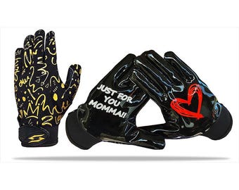 May include: Black and yellow football gloves with a graffiti design and the text "Just For You Momma!!" on the palm. One glove has a red heart graphic.