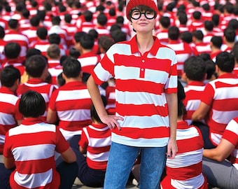 May include: A person wearing a red and white striped polo shirt, blue jeans, a red and white striped beanie, and round black glasses, standing in a crowd of people wearing similar outfits. The crowd is seated on the ground.