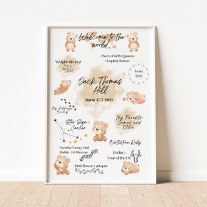 Personalised Teddy Bear Nursery Print - Baby Personalised Print - Birth Details Gift - Keepsake Print - Teddy Bear Print - Neutral Nursery