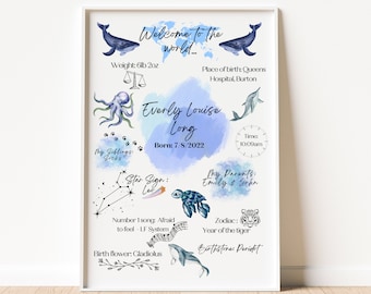 Personalised under the sea nursery print- New Baby Personalised Print - Birth Details Gift - Keepsake Print - New Baby Gift