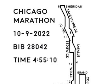 May include: A black and white map of the Chicago Marathon route with the text "CHICAGO MARATHON" at the top, "10-9-2022" below that, "BIB 28042" below that, and "TIME 4:55:10" below that. The map shows the route from the starting line at the top to the finish line at the bottom, with mile markers along the way. The map also shows the names of the streets that the race goes through.
