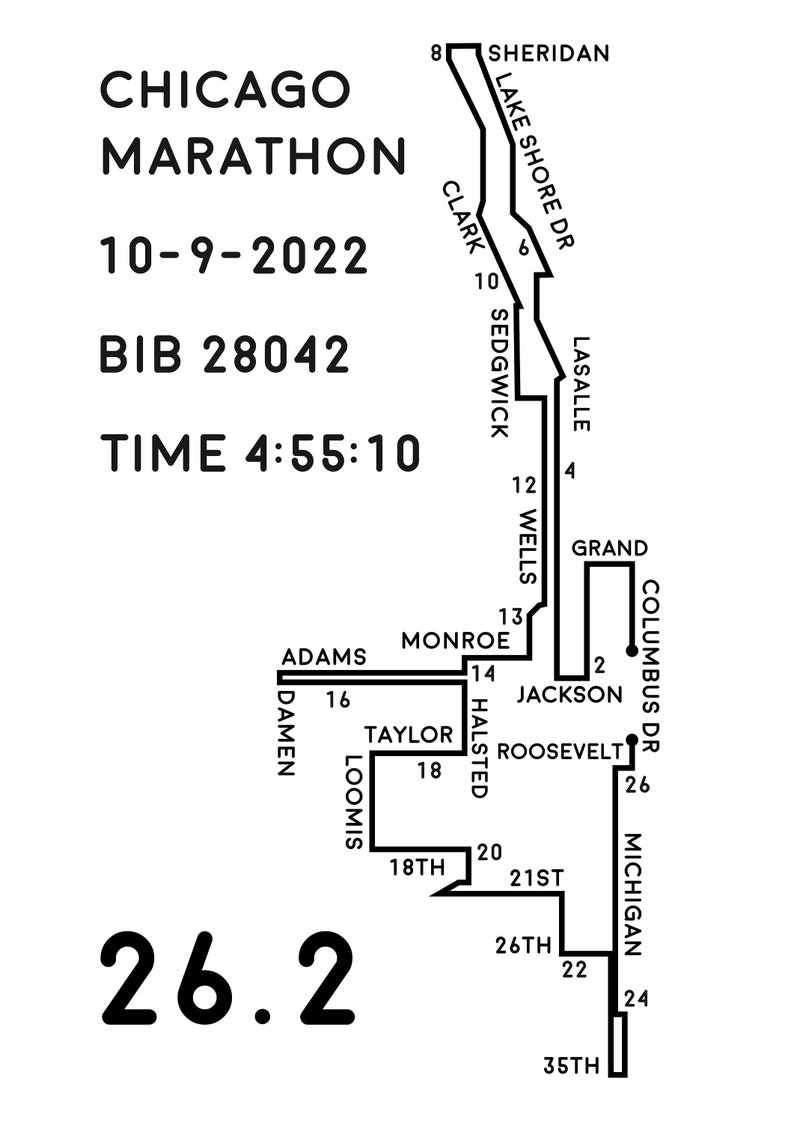 Chicago Marathon Route With Bib & Time Etsy