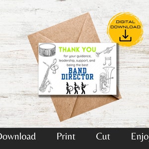 Cartão de Diretor de Banda, Cartão de Agradecimento ao Professor de Música, Cartão de Agradecimento, Cartão de 15 cm x 10 cm, Cartão de Fim de Ano Letivo, Para Imprimir, Download Instantâneo