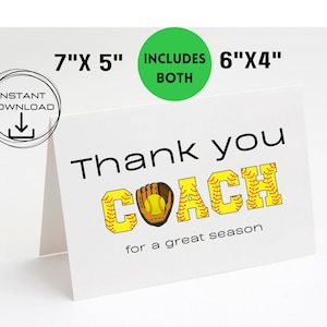 Tarjeta de agradecimiento de softbol, tarjeta de entrenador, tarjeta de agradecimiento al entrenador, tarjeta de agradecimiento al entrenador por una gran temporada, tarjeta imprimible de 7" x 5" y 6" x 4", descarga instantánea