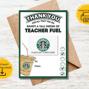 Porta tarjetas de regalo de Starbucks para profesores (descarga digital) imprimible, regalo de agradecimiento para profesores, idea de regalo para profesores, tarjeta de regalo para profesores
