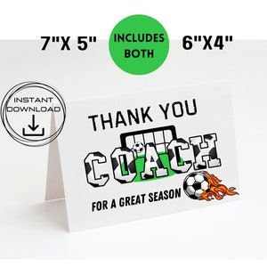 Cartão de agradecimento de futebol, cartão de treinador de futebol, obrigado treinador por uma ótima temporada, cartão para impressão de 7 "x 5" e 4 "x 6, obrigado treinador