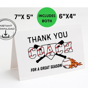 Carte de remerciement de baseball, entraîneur de baseball, carte de remerciement, carte d'entraîneur, entraîneur de remerciements pour cette belle saison, carte imprimable 7 x 5 po, impression à la maison