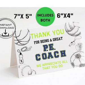 Bedankt gympen, waardering leraar, speciale kaart, kaart gym, einde schooljaarkaart, afdrukbare kaart van 7 x 5 en 6 x 4 inch