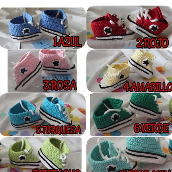 Zapatos Bebe Crochet.Converse Bebe.Crochet.Botines Bebe.BabyShoer.Regalos bebe.Baby shoes.Deportivas niños.Zapatos crochet unisex.Regalos