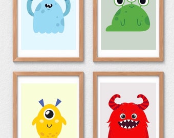 Cute Monster Nursery Art Print Set of 3, Whimsical Kids Wall Art, Monster Illustration Digital, Monster Poster Printable, Kids Room Décor