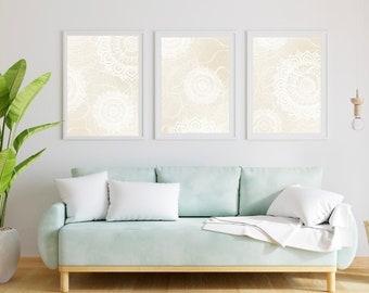 Neutral Mandala Art Print Set of 3, Minimalist Boho Mandala Printable Art, Beige Mandala Bedroom Décor, Meditation Room Art, Digital, A3