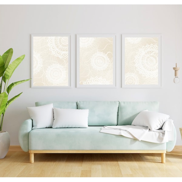 Neutral Mandala Art Print Set of 3, Minimalist Boho Mandala Printable Art, Beige Mandala Bedroom Décor, Meditation Room Art, Digital, A3