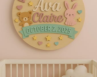 Personalized Baby Name Sign – Custom Welcome Nursery Wall Decor, Birth Announcement, Baby Shower Gift, Woodland Animal Plaque