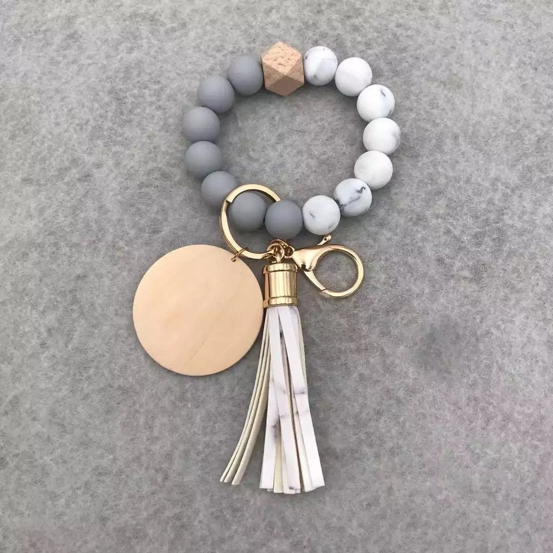 Silicone Bead Bracelet Keychain, Marble Gray Silicone Bead Keychain