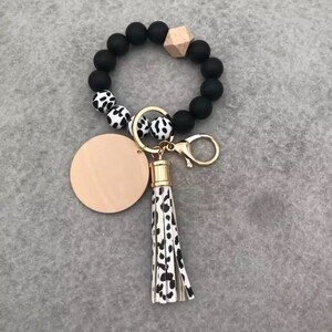Silicone bead bracelet keychain, Black silicone bead blank keychain, cow pattern, laser glowforge blanks, craft cricut blanks