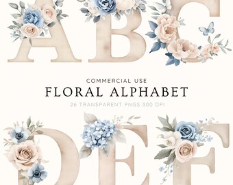 Floral Alphabet Clipart Bundle - 26 Letters PNG - Dusty Blue, Blush ...