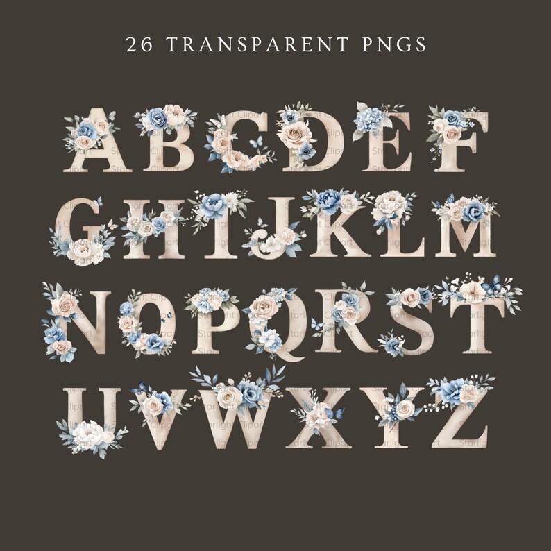 Floral Alphabet Clipart Bundle - 26 Letters PNG - Dusty Blue, Blush ...