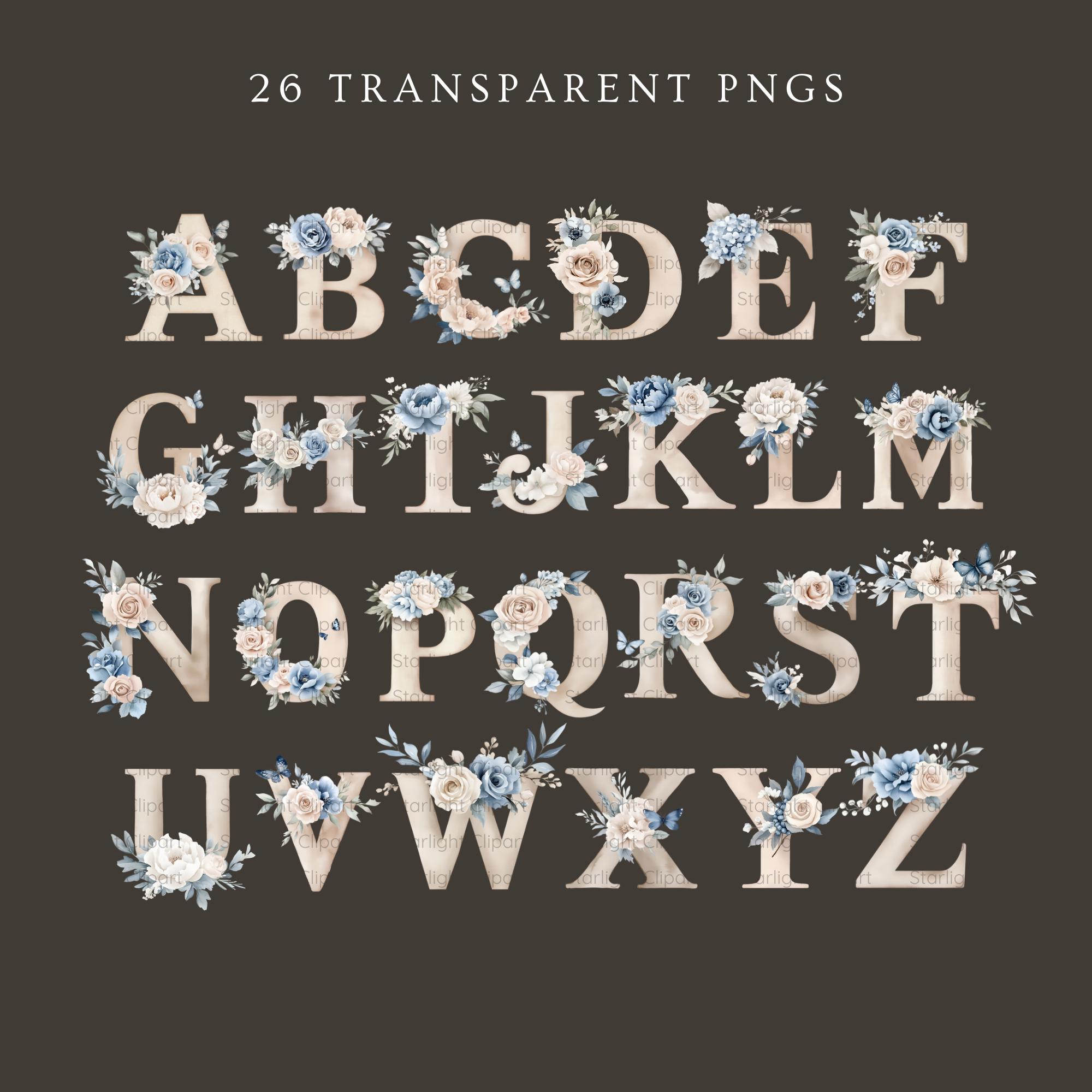 Floral Alphabet Clipart Bundle - 26 Letters PNG - Dusty Blue, Blush ...