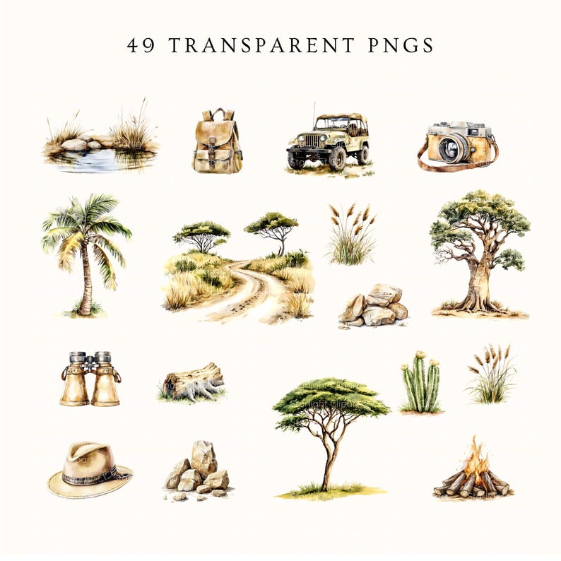 Safari Clipart Bundle, African Animals, Adventure Gear, Landscapes ...