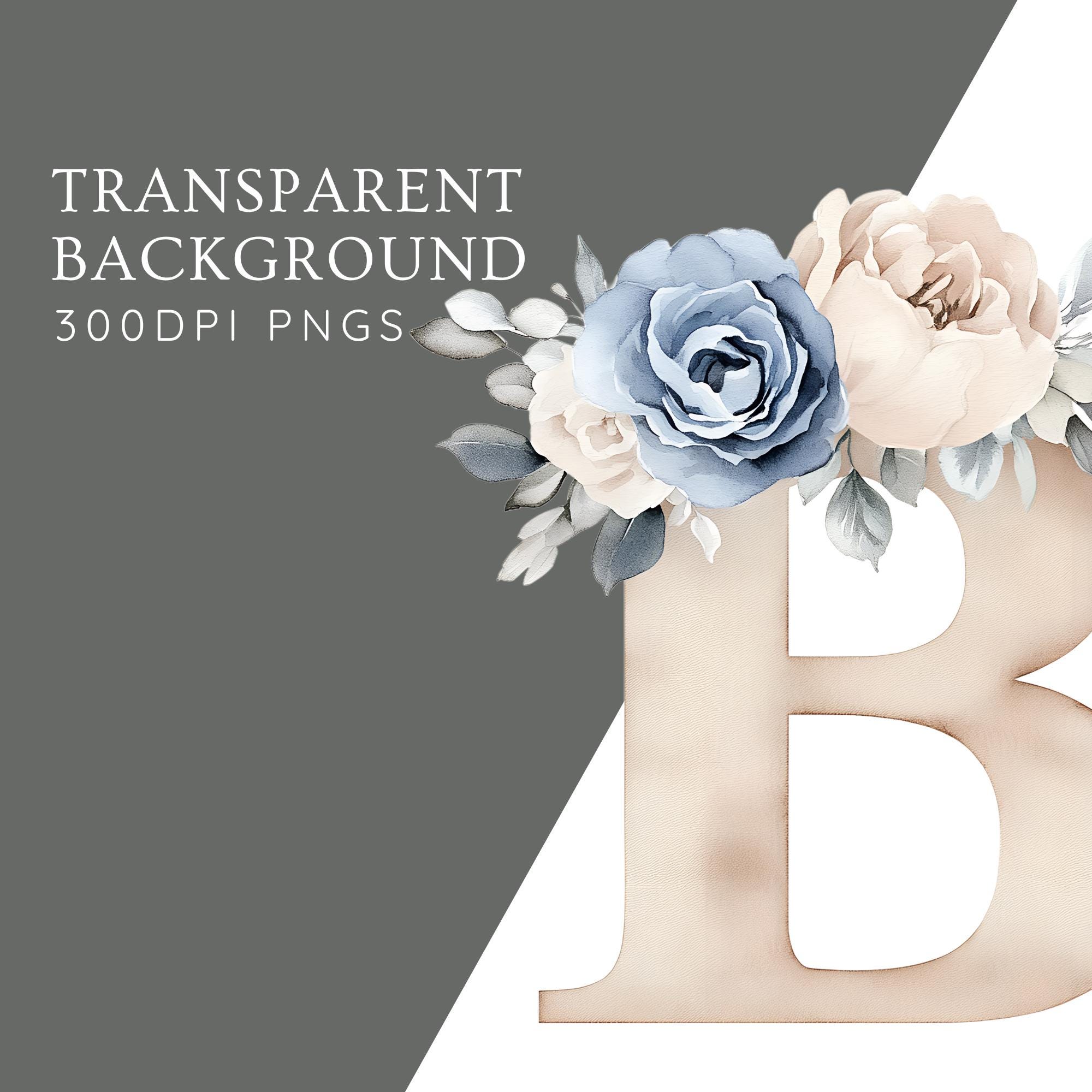 Floral Alphabet Clipart Bundle - 26 Letters PNG - Dusty Blue, Blush ...