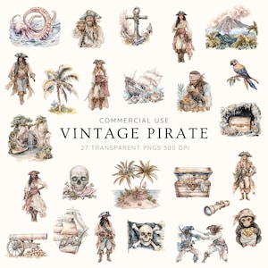 Bundle de cliparts pirate vintage, 27 PNG nautiques, fond transparent, carte au trésor, bateau, personnages pirates, art perroquet