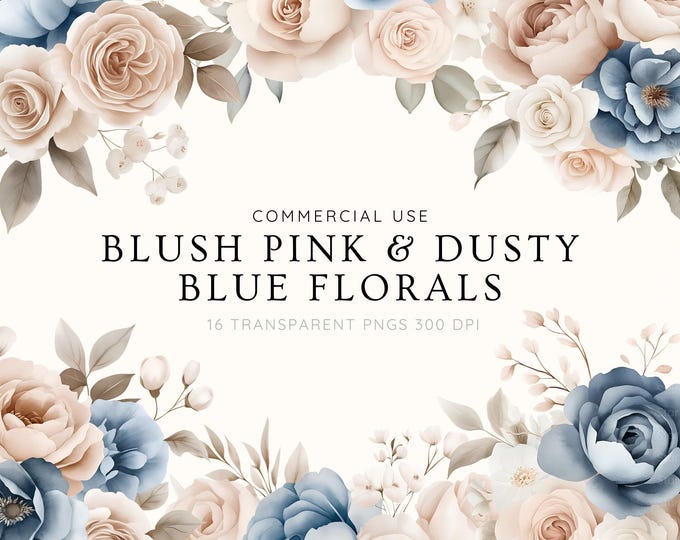 Floral Clipart Bundle PNG, Blush Pink Roses, Dusty Blue Peonies, White ...