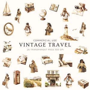 Vintage Travel Clipart Bundle, Retro Suitcases, Landscapes, Vintage Transport, Globes, Transport & Women Travelers, Digital Download PNG