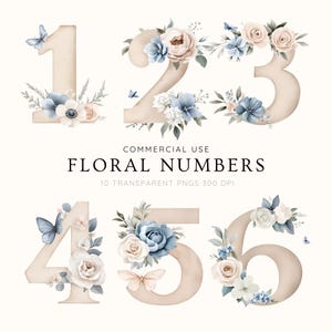 Floral Numbers Clipart 0 to 9 Pastel Number PNGs, Blush Pink, Dusty Blue, White Peonies, Botanical Numbers for Wedding Dates & Invitations