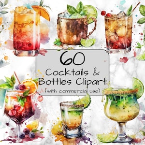 Watercolor Cocktails and Bottles Clipart, Digital Art & Sublimation, Cocktail Clipart, Drink Clipart, Liquor Bottle, PNG Format, Bottle PNG
