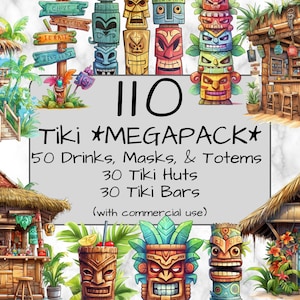 110 Tiki MEGAPACK. Tropical Clipart. PNG format. Transparent background. Commercial Use. Digital Art & Sublimation. Hawaiian Clipart. Beach.