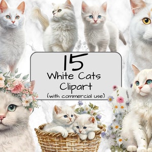 Clipart de chats blancs aquarelle. Art numérique et sublimation. Clipart de chat. Un usage commercial. Format PNG. Téléchargement instantané. Chats et chatons mignons
