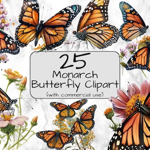 Watercolor Monarch Butterfly Clipart. Digital Art & Sublimation. PNG format. Instant download. Spring clip art Commercial use Insect Clipart