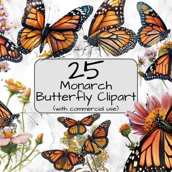 Watercolor Monarch Butterfly Clipart. Digital Art & Sublimation. PNG format. Instant download. Spring clip art Commercial use Insect Clipart