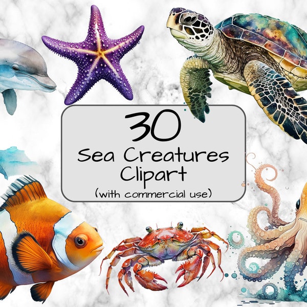 Watercolor Sea Creatures Clipart. Digital Art & Sublimation. Under The Sea clipart. Ocean PNG. PNG format. Instant download. Commercial use