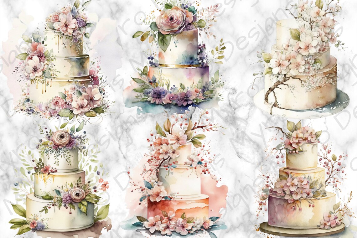 Watercolor Wedding Cakes Clipart. Digital Art & Sublimation. Etsy