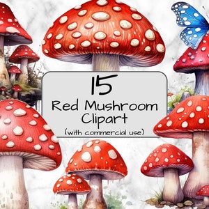 Clipart de champignon rouge aquarelle. Format PNG. Arrière-plan transparent. Champignon fantastique. Journal indésirable. Sublimation Usage Commercial Champignon PNG