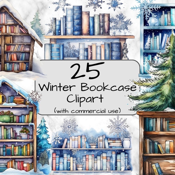 Watercolor Winter Bookcase Clipart. Winter Clipart. PNG Format. Transparent Background. Junk Journal. Books Clipart. Commercial Use.